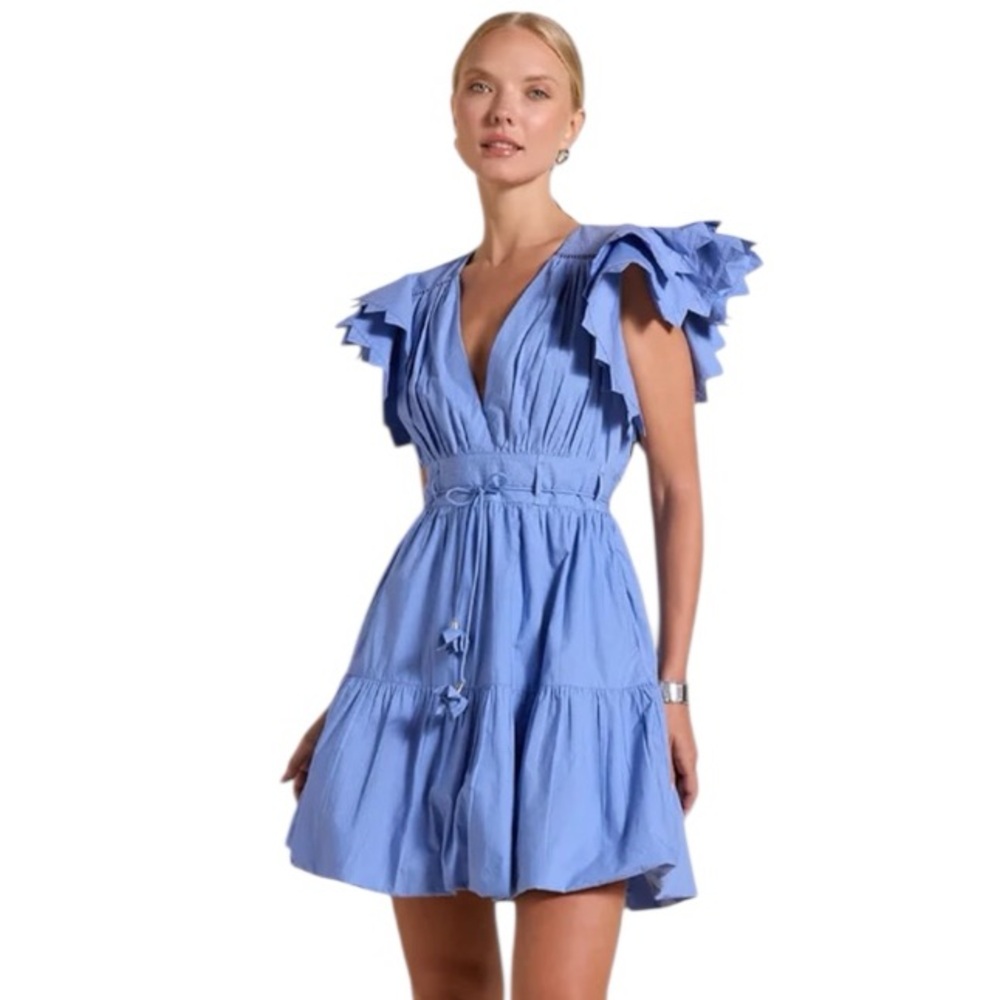 Scarlett Poppies Sandy Lane Blue Mini Dress NWT Size S Flutter Sleeves Pockets